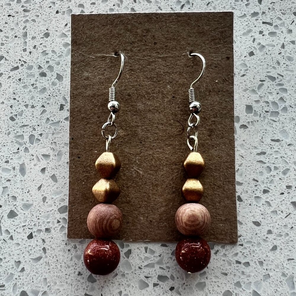 Handmade Brown and Gold Dangling Earrings - Picture 1 of 5